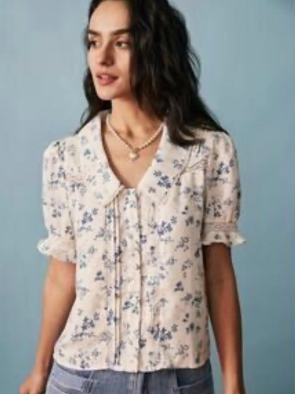 RIHOAS Cream Floral Lace-Trim Blouse with Collar